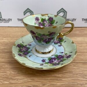Lefton China 124 Hand Painted Violets Teacup and Saucer Set Gold Trim Mint Green